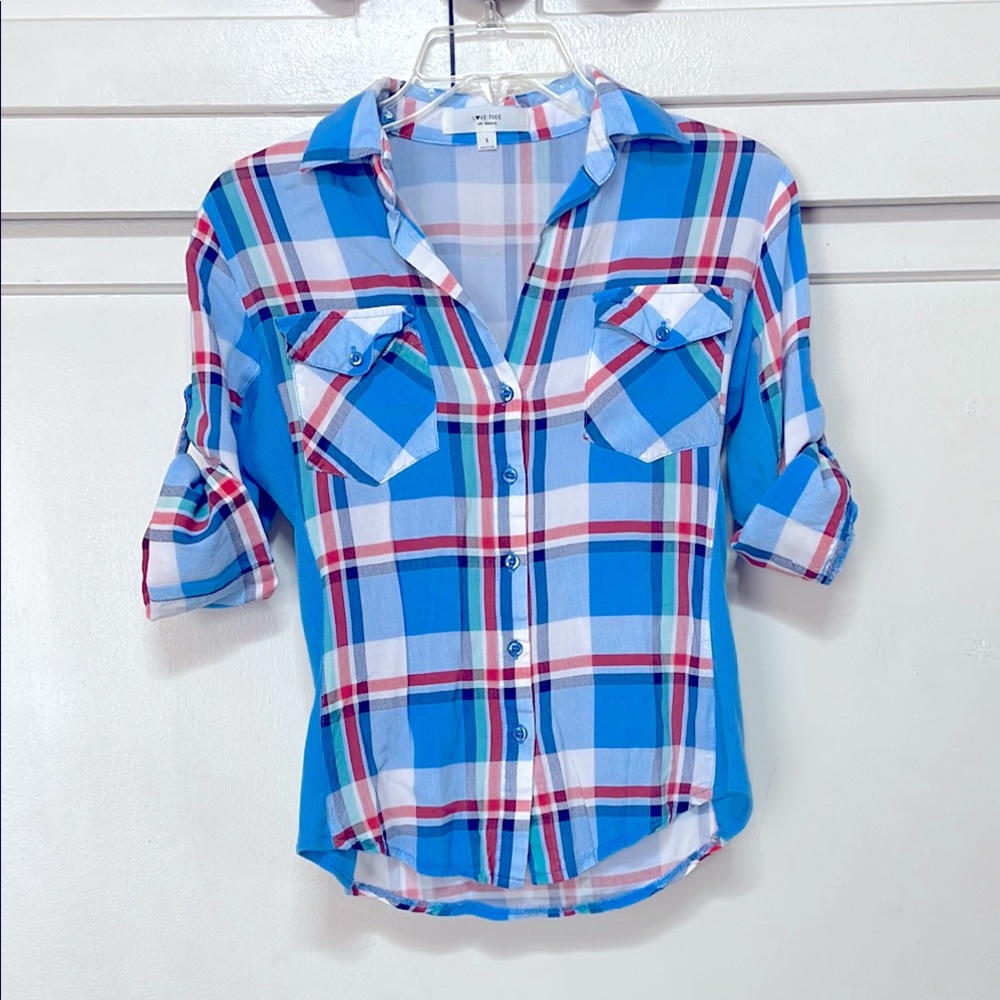 Love Tree Blue Plaid Button Down Top